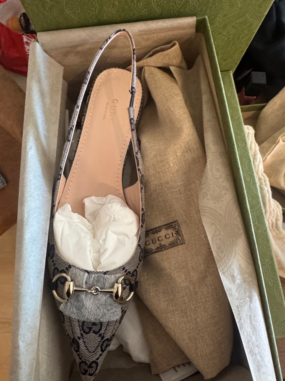 Gucci Grey & Navy GG Canvas Pointed Slingback Flat with Silver Horsebit